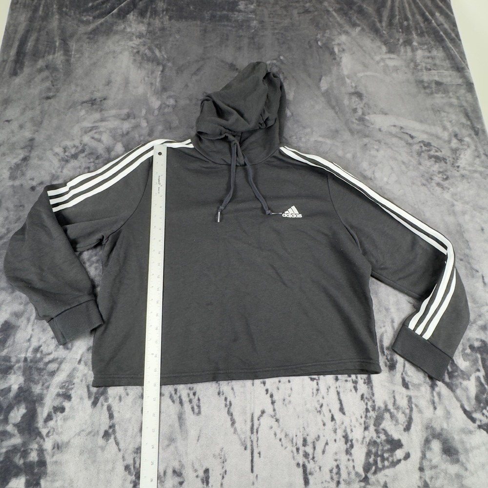 Adidas Hoodie Womens XL Black 3 Stripe Cropped Pullover Sweatshirt